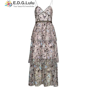 

EDGLuLu Vintage Floral Print Spaghetti Strap Dress Long Summer Halter Vintage Elegant Multi-layer Female Cake Dresses 0405