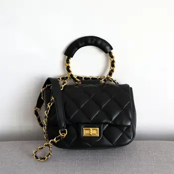 

2020 Spring Luxury Portable Ring Handle Women Bag Sheepskin Woven Chain Shoulder Bag Leather Square Fat Messenger Bag