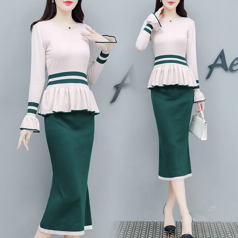 

Simple Knitted two piece dress set Elegant 2019 autumn winter women sweater dress long sleeve small fragrance female midi skirts
