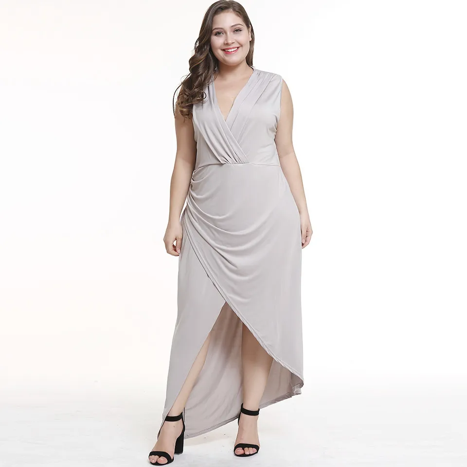 Женское платье макси с V-образным вырезом светло-серое свободное большого