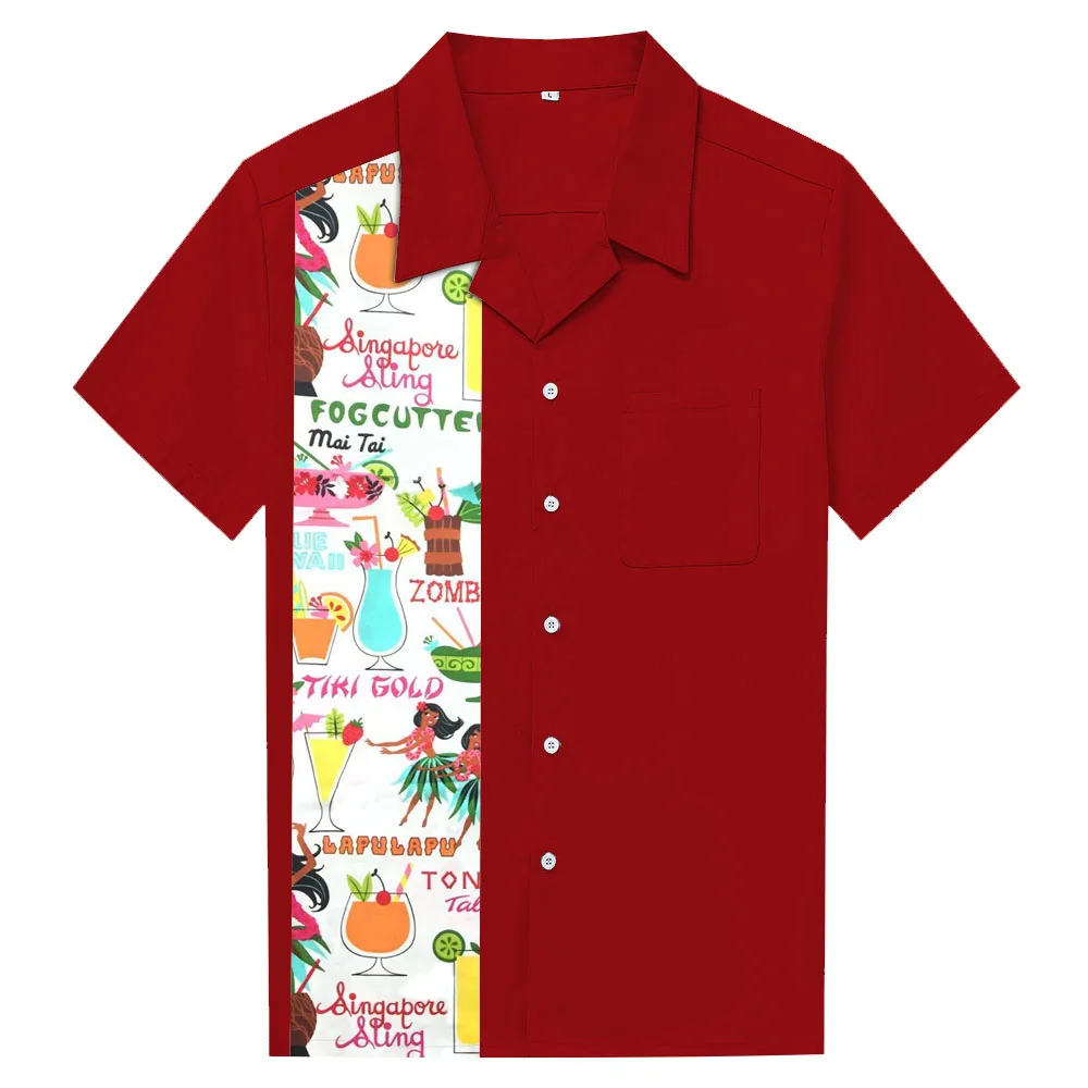 Summer Men New Street Trend Dancing Hula Girl Printing Short Sleeve Retro Rockabilly Maroon Cotton Casual Slim Shirts | Мужская одежда