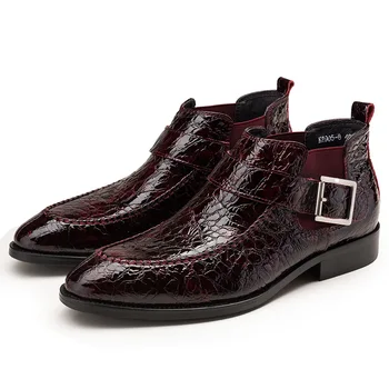 

New Men Shoes Boots Granule Patent Leather Work Genuine Leather Bota Masculina Style Sharp Point Leather Make Pointed Toe Ankle