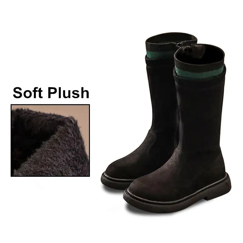 Black Green Plush Высокие сапоги для девочек; детские зимние сапоги для девочек; коллекция года; Модные Ботинки martin для малышей; Bota; детская обувь принцессы; размеры 23-37 - Цвет: Black Green Plush