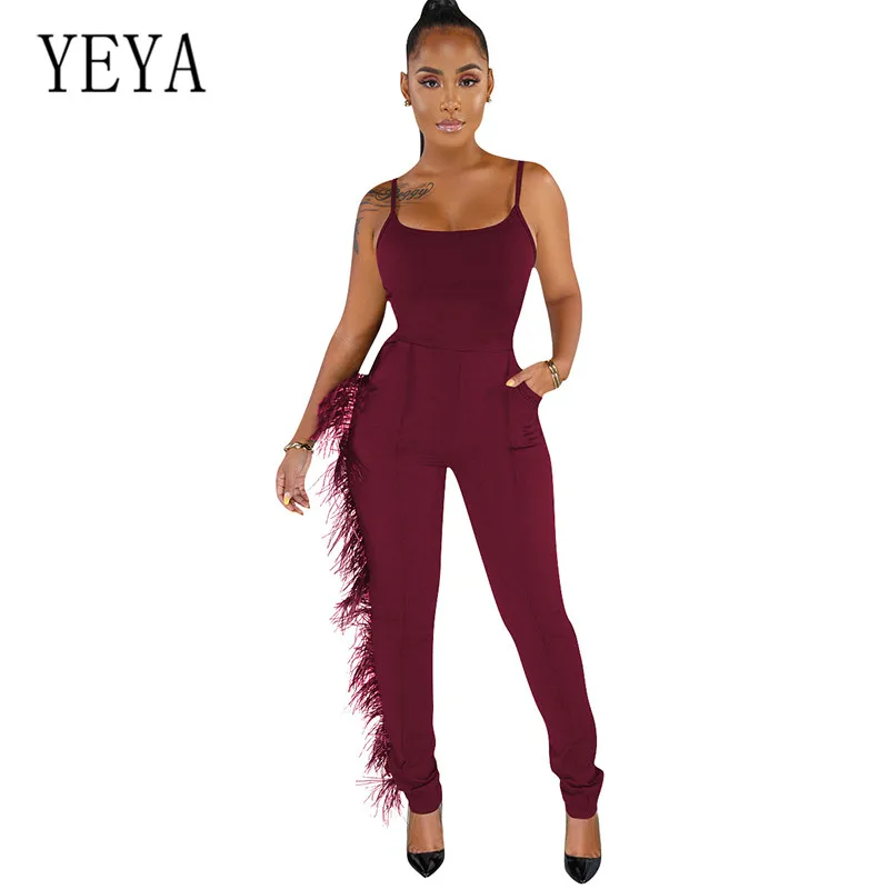 

YEYA New Summer Black Bodycon Jumpsuits Fashion Sexy Spaghetti Strap Feathered Vest Playsuits Sleevleess Hollow Out Party Wear