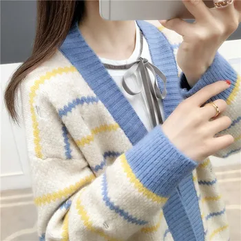 

2019 Rushed Cotton Half Cardigan Feminino Jumper Pullover 9485-9146 New Striped Loose Cardigan Coat, 58-2f, 14 Rows Bottom
