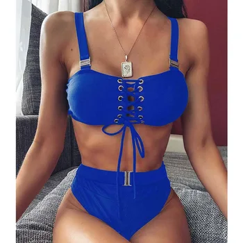 

2020 Sexy Solid High Waisted Bikini Push Up Swimsuit Buckle Female Swimwear Swim Bathing Suit Women Beachwear Swimming Suits