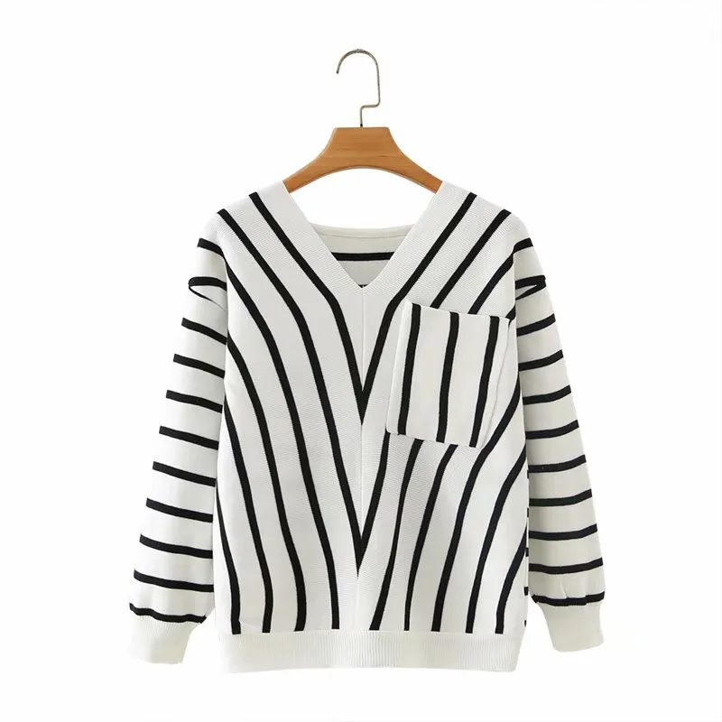 Evfer Autumn Casual Striped Knitted V-neck Sweaters Tops 2020 Women Long Sleeve Elatic Pullover Sweater Chic Lady Jumpers Femme | Женская