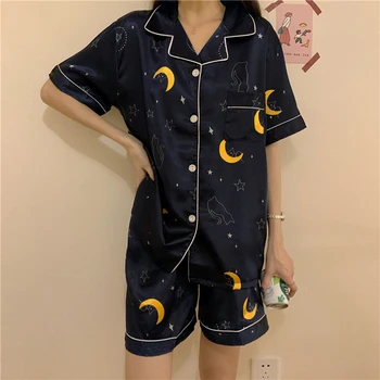 

summer silk pajamas set women's home suit sleepwear night star moon print black top shorts 2pcs pyjamas homewear cartoon Y053