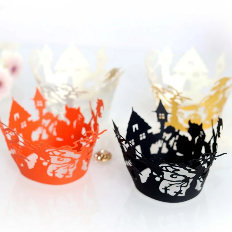 

100pcs Laser Hollow Cupcake Wrapper Halloween Black Bat Ghost Witch Cupcake Decoration