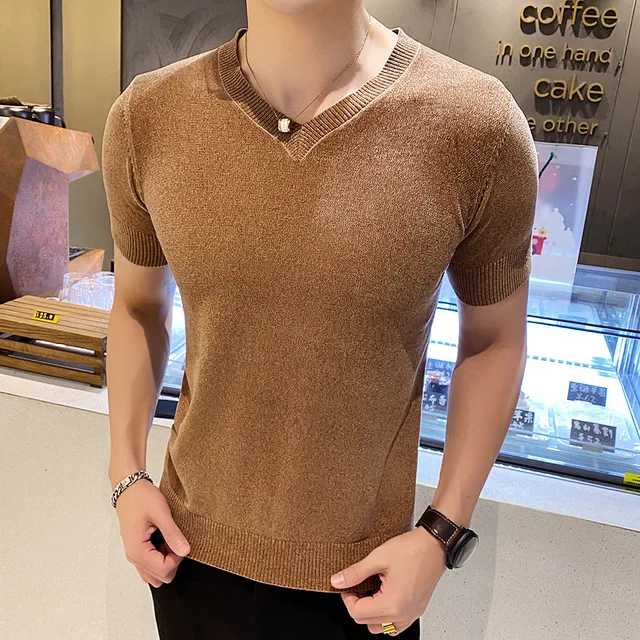 Navy Blue Velvet Men's Short Sleeve 