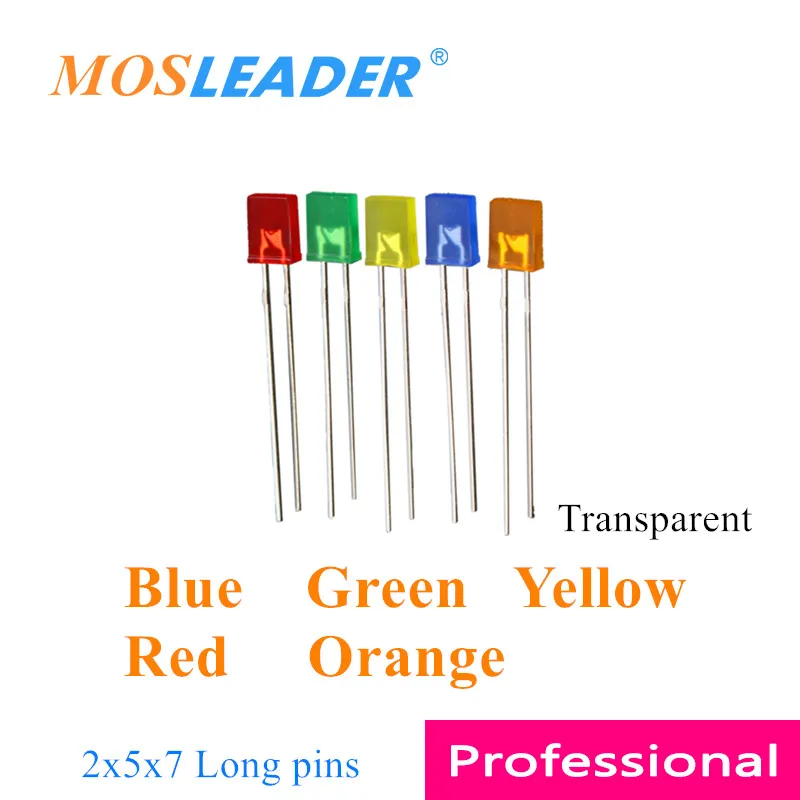 

Mosleader 1000pcs 2x5x7 257 Square LED Long pins Blue Green Yellow Red Orange Color turn color Transparent
