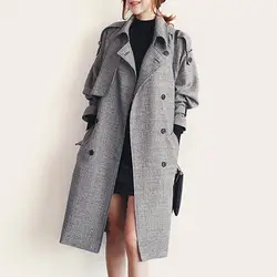 Корейская версия нового осеннего шерстяного длинного пальто, новое английское пальто большого размера, двубортная клетчатая Женская