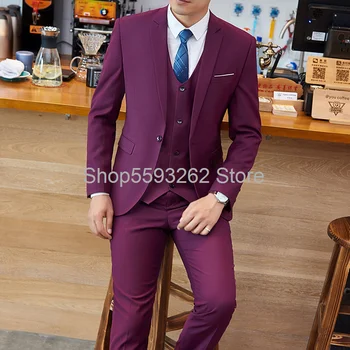 

Men's suit suit three-piece wine red groom wedding dress small suit