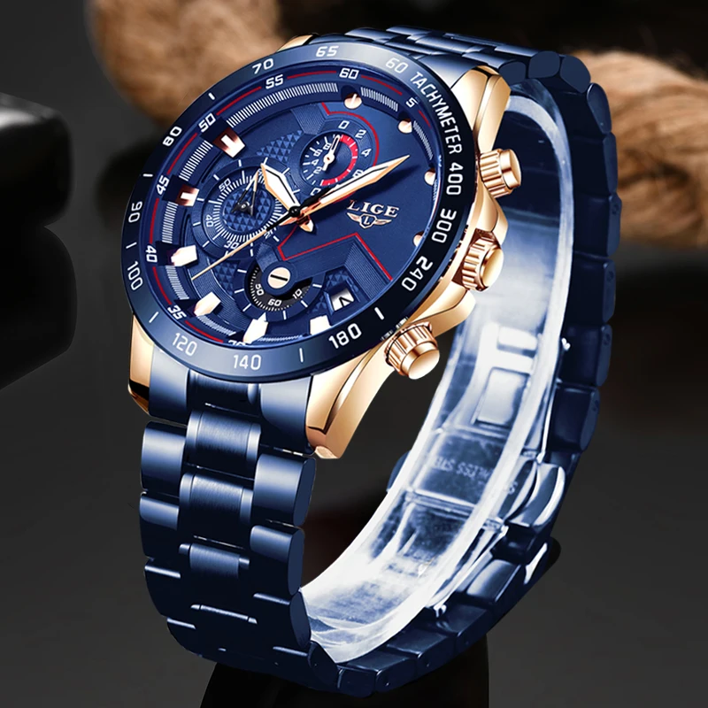 Online LIGE Männer Uhr Top Marke Luxus Blau Alle Stahl Armbanduhr Chronograph Armee Militärische Wasserdichte Quarz Uhren Relogio Masculino