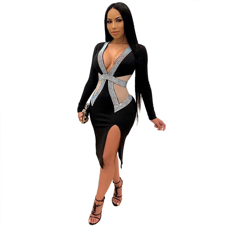 

European and American Popular Foreign Trade Women's Deep V-neck Mesh Rhinestone Tight Sheath Sexy Dress