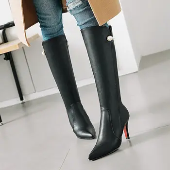 

Women Sexy High Boots High Heel Pointed Toe Slim Knee High Boots Women Autumn Winter Clubnight Female Black Stripper Shoes