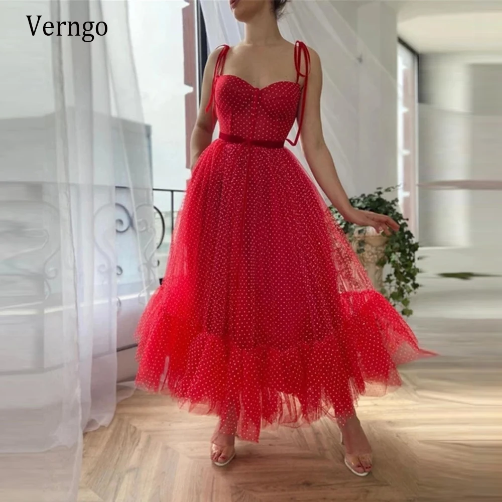 

Verngo Apple Red Dotted Tulle A Line Short Prom Dresses Spaghetti Straps Velour Sash Corset Tea Length Homecoming Party Dress