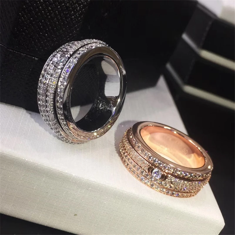 Роскошное полное бриллиантовое вращающееся 18k Платиновое/розовое позолоченное кольцо женское широкое обручальное кольцо для помолвки проложить фианиты кристаллы