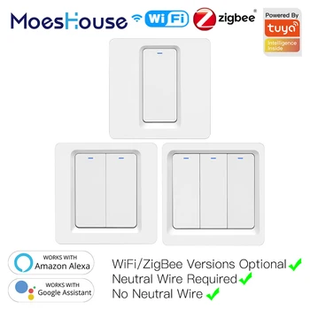 

WiFi ZigBee Smart Push Button Switch No Neutral Required Smart Life Tuya APP Alexa Google Home Voice Control 2/3 Way EU UK