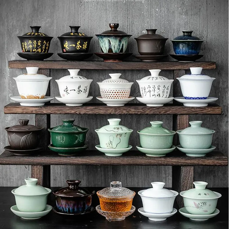 Tea Set Dehua White Porcelain Gaiwan Large Ceramic Blue and White Sancai Cover Bowl Single Teacup Jingdezhen Teapot Tea Set