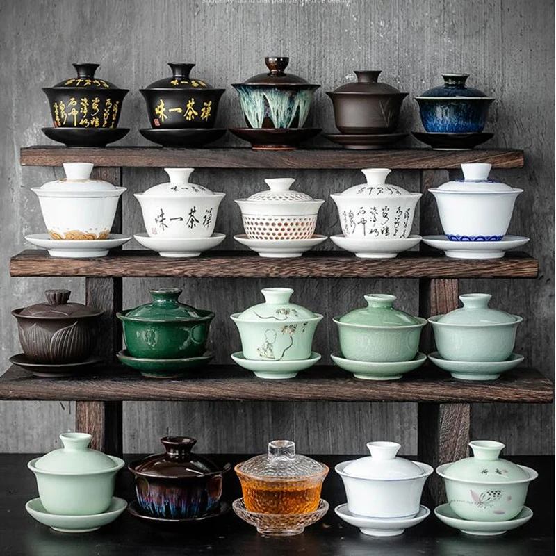 Porselein Gaiwan 5oz/150ml Theekopje Wit Geglazuurde Thee Cup Tureen Chinese Sancai Cover Bowl Deksel Schotel Set (Rood