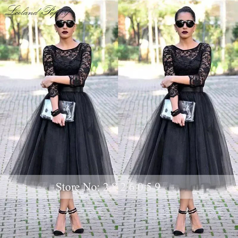 Lceland Poppy A-line Vintage Scoop Neck Black Lace Cocktail Dresses Tea Length 3/4 Sleeves Tulle Cocktail Party Formal Dress