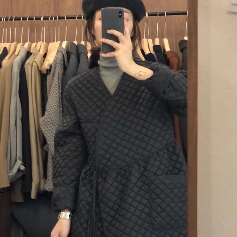

Long Straight Winter Coat With Rhombus Pattern Elegant Sashes Women Parkas Korean Fashion V Neck Black Outerwear Female LD2601