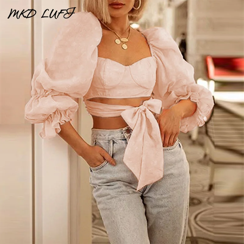 Women Pink Front Tie Puff Sleeve Crop Tops Ladies Long Autumn Casual Blouse Streetwear |