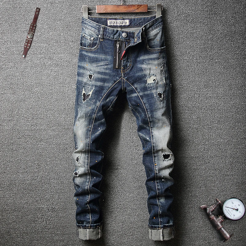 De estilo italiano, de los hombres de la moda Jeans Retro Azul Slim Fit, pantalones vaqueros elásticos para Hombre Denim Pantalones Punk alta calidad Hip Hop pantalones vaqueros hombre|Pantalones vaqueros| AliExpress