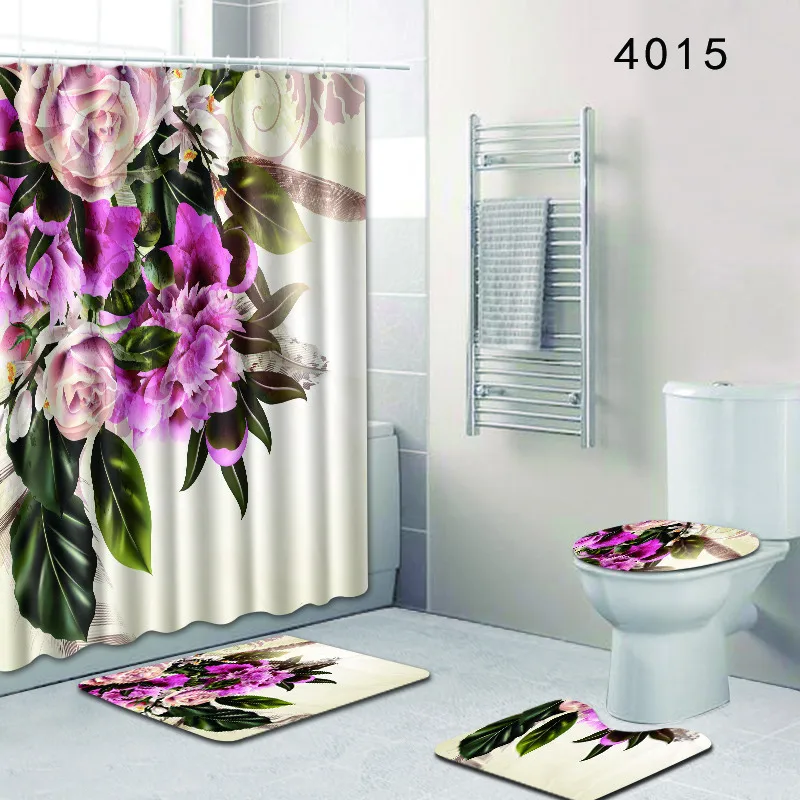 Pretty Little Flowers Bathroom Mat Shower Curtain Set Non-Slip Rug Toilet Cover 