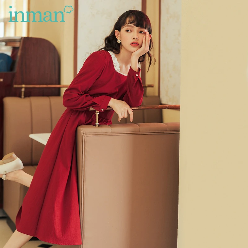 INMAN 2020 Autumn Winter New Arrival French Style Lace Square Collar Long Sleeve with Bead Dress INMAN 2020 Autumn Winter New Arrival French Style Lace Square Collar Long Sleeve with Bead Dress