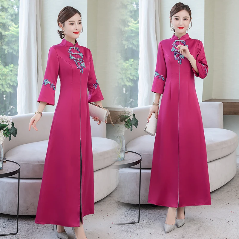 aodai, Восточное женское платье с вышивкой, улучшенное, чонсам, полная длина, платье для банкета, вечерние, длинное, Ципао, женское платье, китайское платье