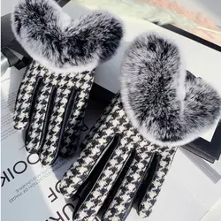 Winter Houndstooth Rex Rabbit Fur Plus Velvet Thick Sheepskin Gloves Women's Warm Leather Fur Gloves S2683