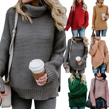 

Hot Solid Color Knitted Warm Sweater Women Autumn Winter Wild High Collar Thick Line Long Sleeve Loose Pullover Women's top