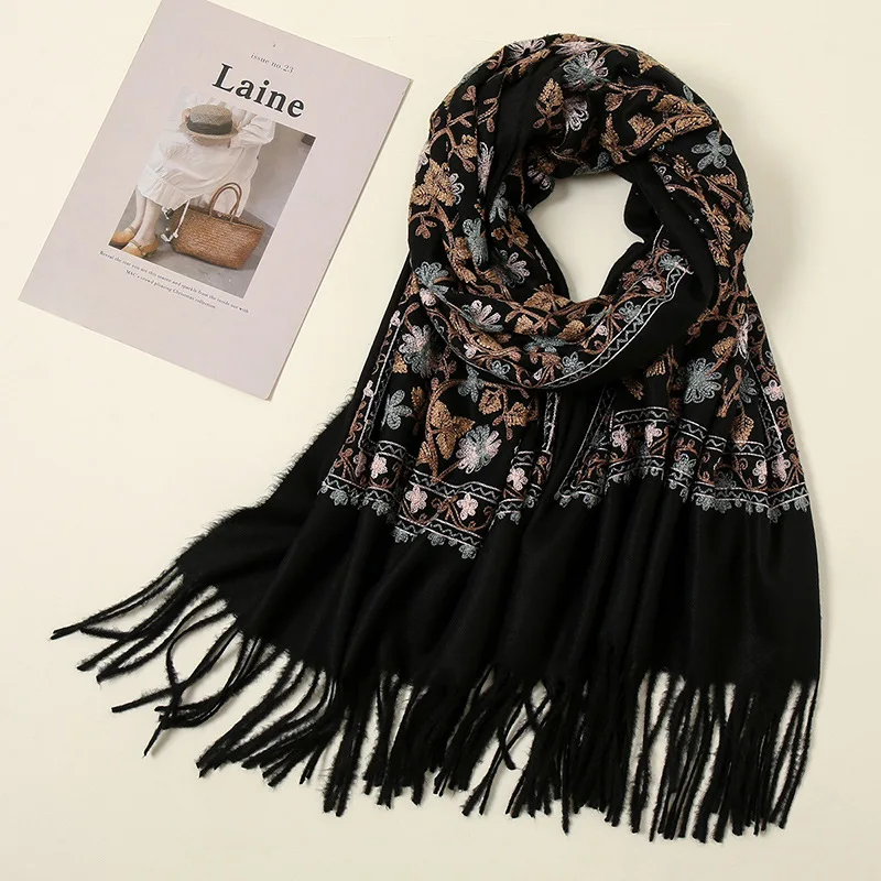 2021 Fashion Winter Cashmere Scarf Women Embroider Floral Pashmina