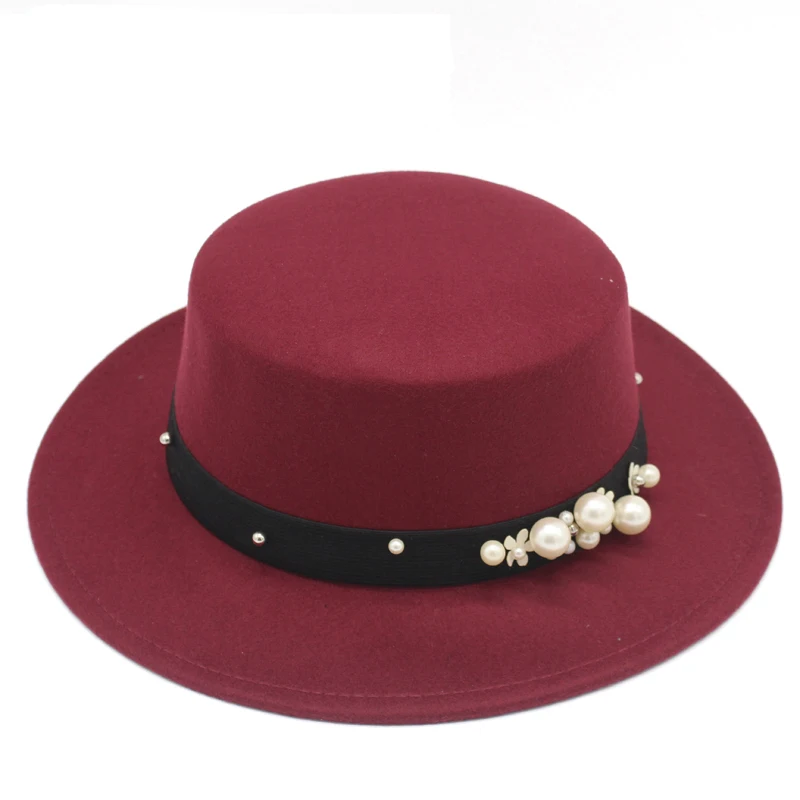 High Quality Wool Flat Top Fedora Hats For Women Black Wide Brim With