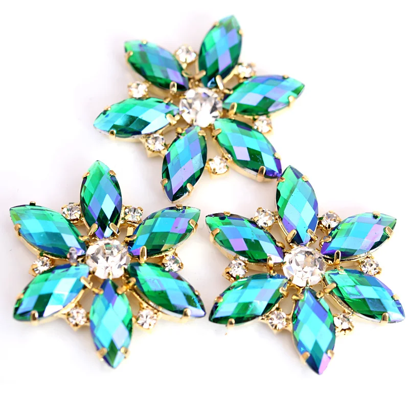 Круглые стразы с кристаллами AB Navette 3,5x3,5 см, 1 шт., Золотая основа, стразы для свадебного платья B0988