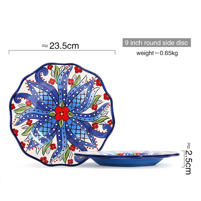Креативный керамический набор посуды с цветочным принтом тарелка чаша кружка большой размер посуда тарелки для стейков Ретро дизайн подарочный набор - Цвет: 9 inch round plate
