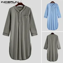 INCERUN Men Sleep Robes 2021 Long Sleeve V Neck Button Homewear Leisure Cozy Bathrobe High Quality Mens Nightgown Pajamas Dress