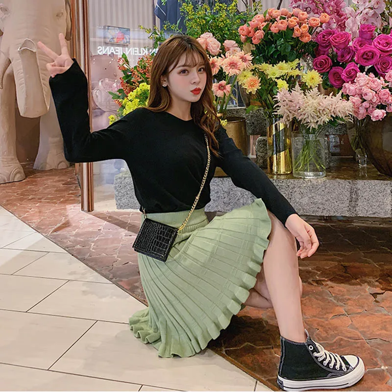 green mini skirt Корейские длинные юбки женские Осень Зима Высокая талия трикотажная плиссированная юбка Женская Harajuku плюс размер юбка jupe femme - Цвет: green mini skirt