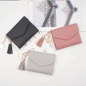 

Ms 2019 Litchi Simple Heart Pendant Tassel Short Fashion Multifunctional Wallet