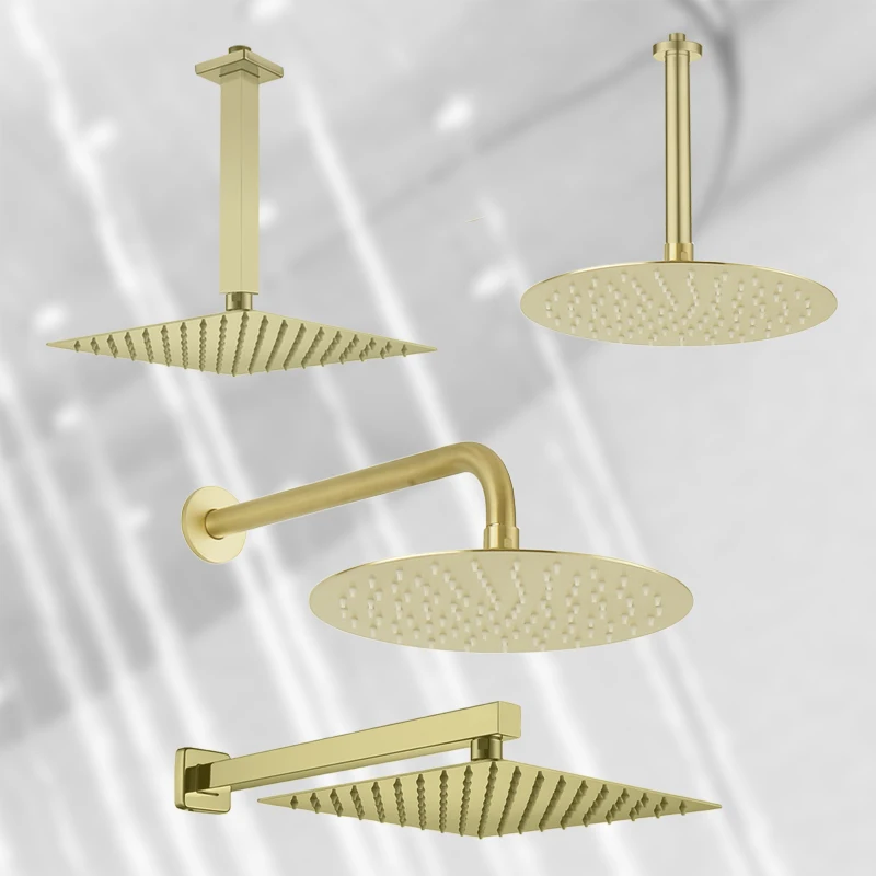Gold Plated Overhead Shower Head Shower Arm Big and Small Square Round SUS304 Stainless Steel Brushed Oval Modern Indoor Outdoor