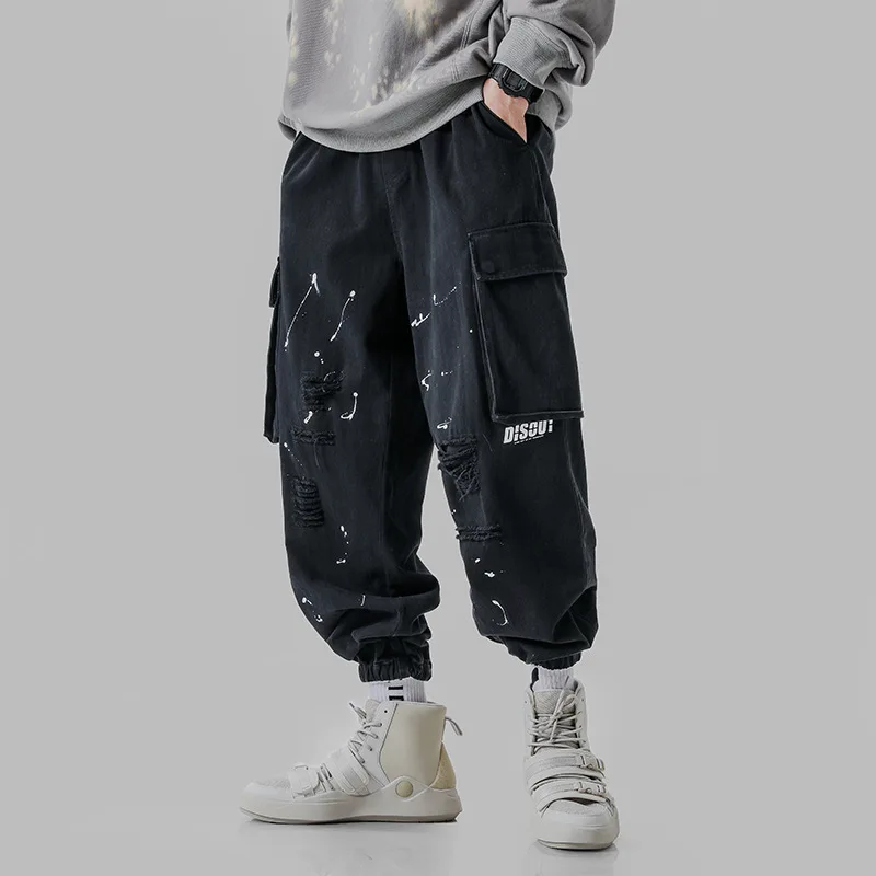 

2019 New Style Autumn And Winter Japanese-style Popular Brand Bib Overall Men Ink with Holes Casual Pants Loose Beam Leg Harem P