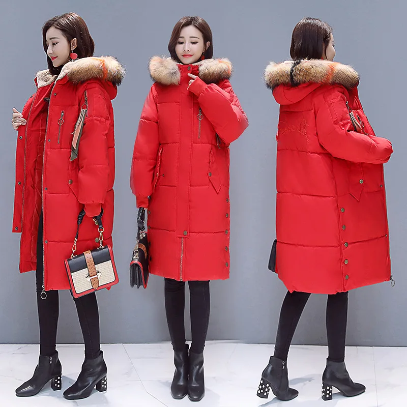 

Cotton Coat Women's Mid-length 2018 Winter New Style Korean-style Loose-Fit Cotton-padded Clothes Large Fur Collar Hooded Cotton
