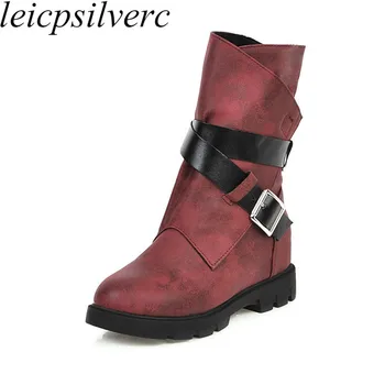 

Women Boots Autumn Winter Chelsea Boots Med Heel Round Toe Ankle Mixed-colors Pu Platform 2019 New Sexy Fashion Black Yellow Red