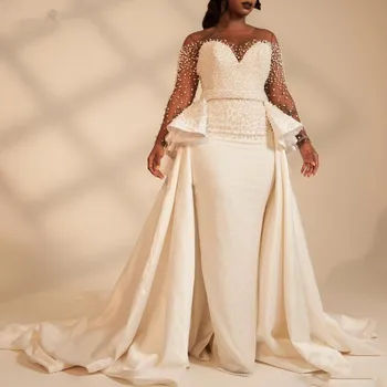 

2020 African Mermaid Wedding Dresses With Over Train Sheer Neck Long Sleeve Sweep Train Garden Country Bridal Gowns Plus Size