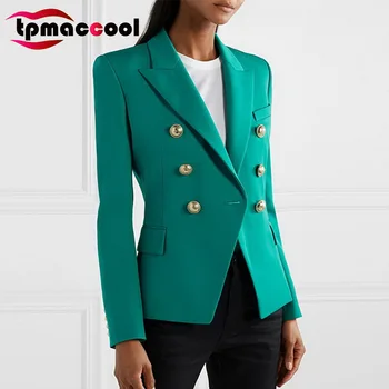 

Luxury designer high end 2020 New Popular Women's Jacket Classic Metal Lion Head Buckle Double-breasted Slim fit Green blazer
