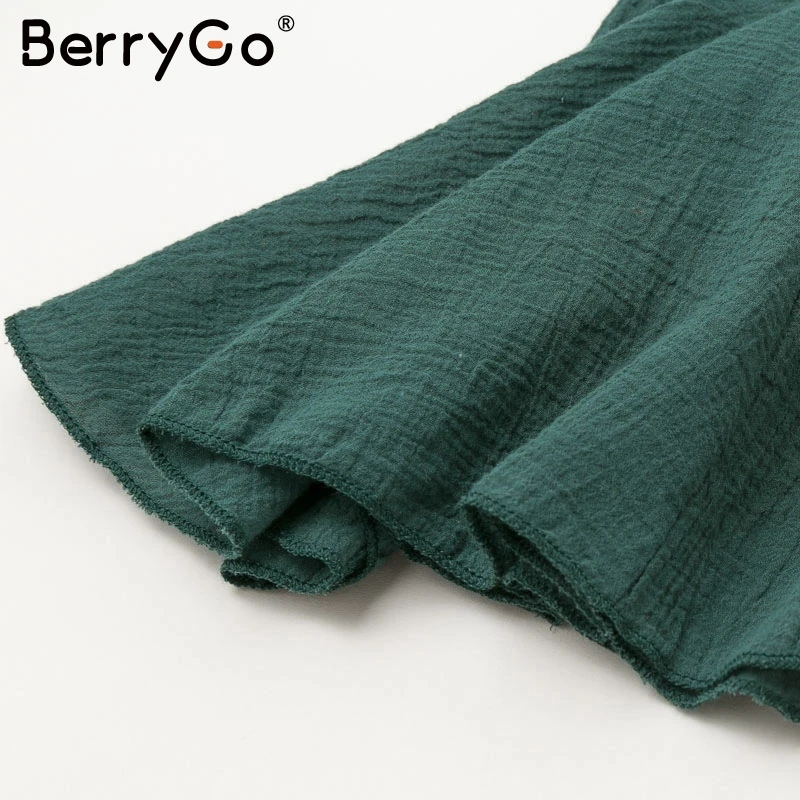 BerryGo элегантное зеленое короткое вечернее платье женское офисное осеннее шикарное офисное платье с круглым вырезом, уличная одежда с фонариком и ремнем, хлопковое платье