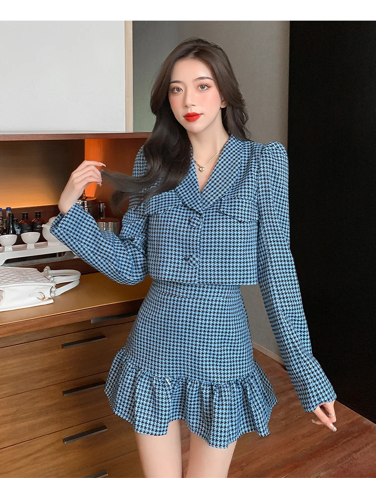 FREESHIPPING Autumn Houndstooth Outwear Blazer And Mermaid Skirt Set JKP5878