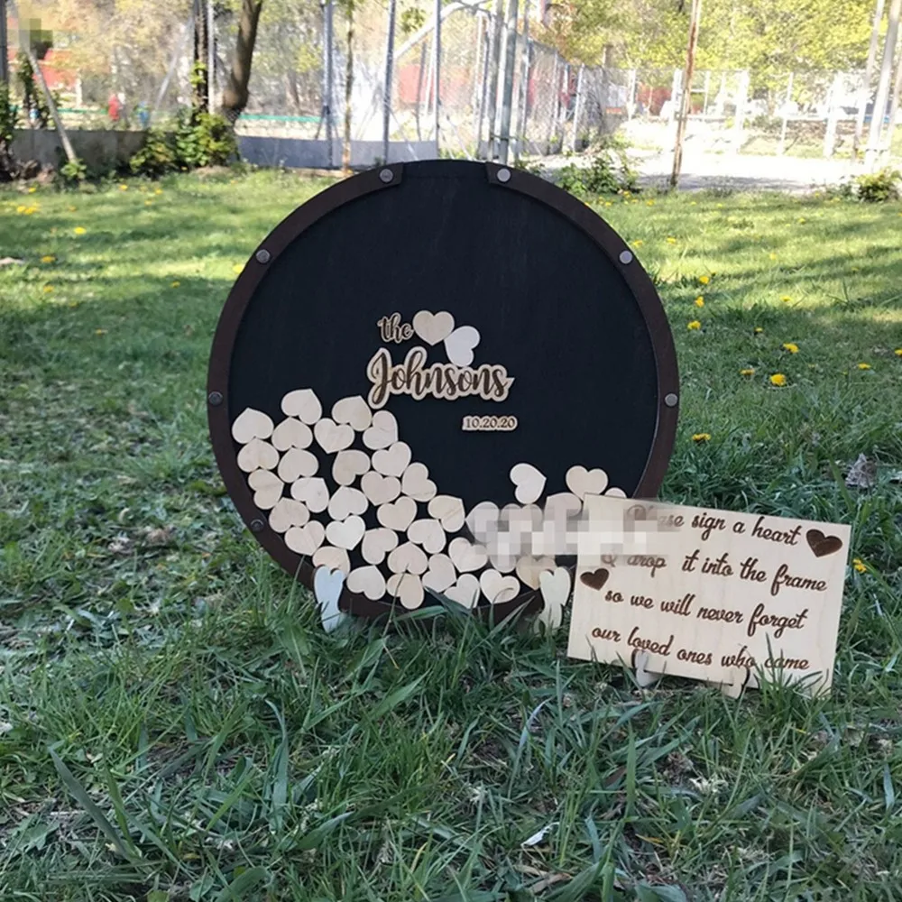 Personalize Modern wood Round Hearts Wedding Guest Book Baby shower Engagement Bridal Drop Top Wishing Box Guestbook | Дом и сад